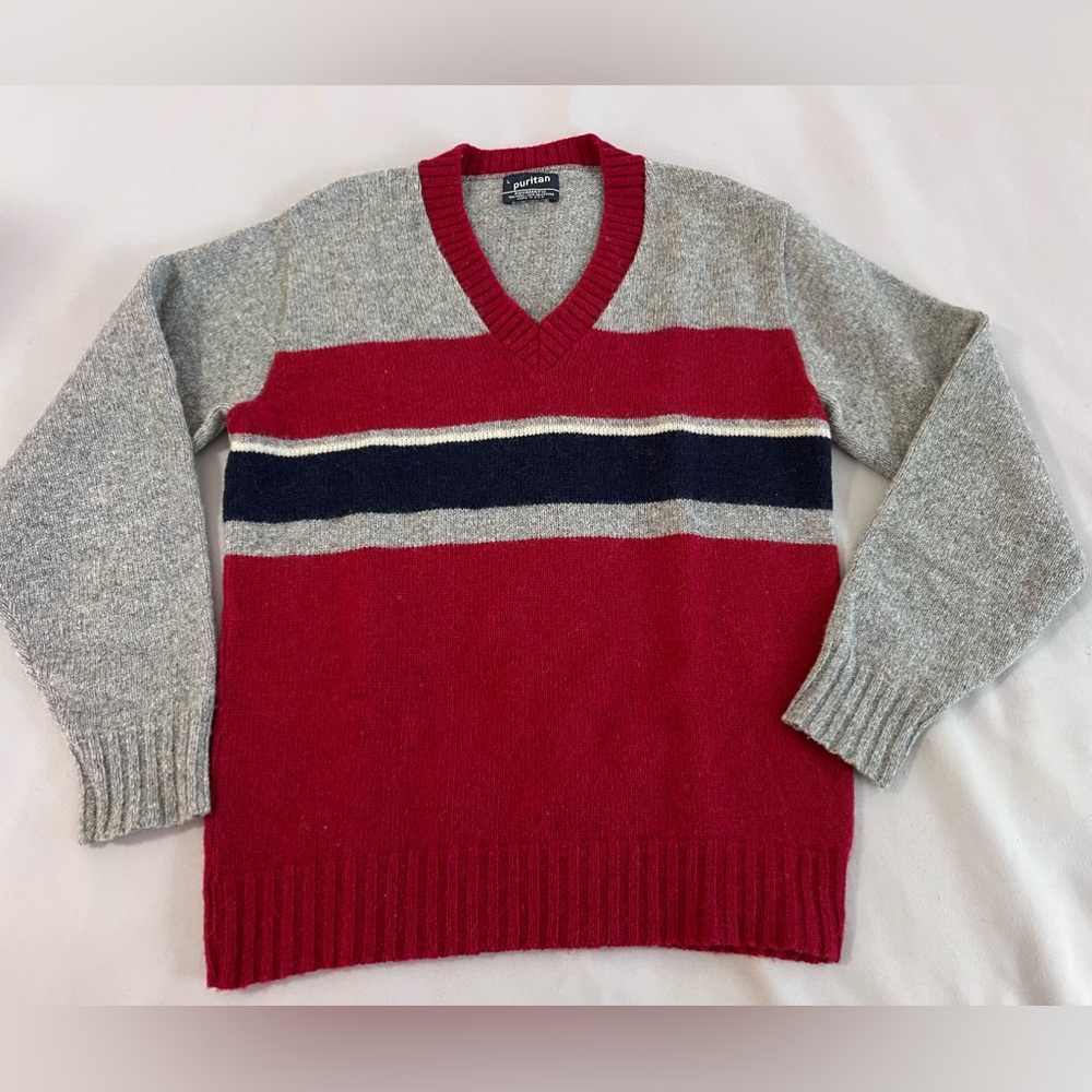 Vintage‎ Puritan Sweater Mens Large Gray Red Knit Shetland Wool Made In USA